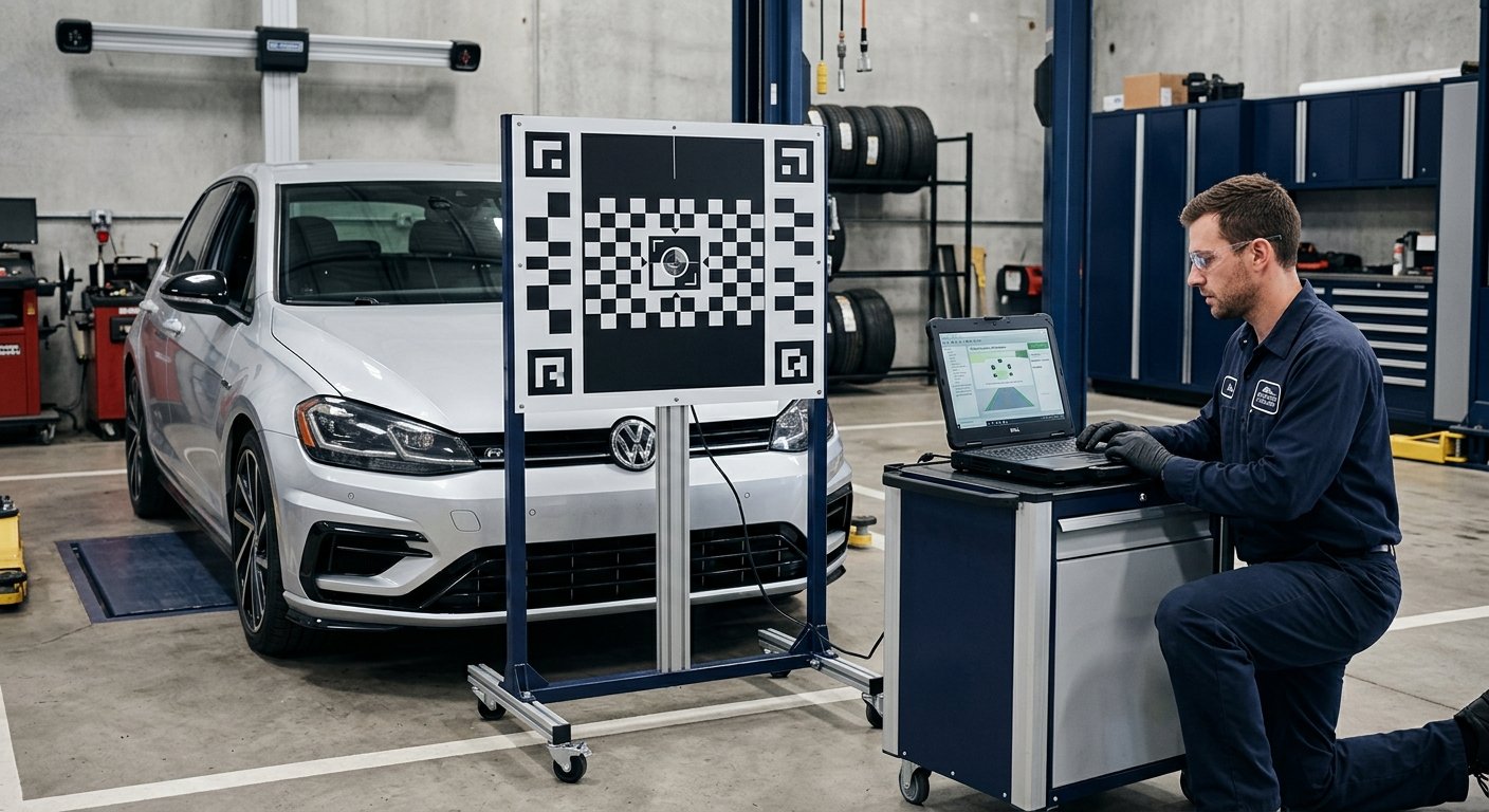 ADAS calibration cost DFW - technician calibrating front camera