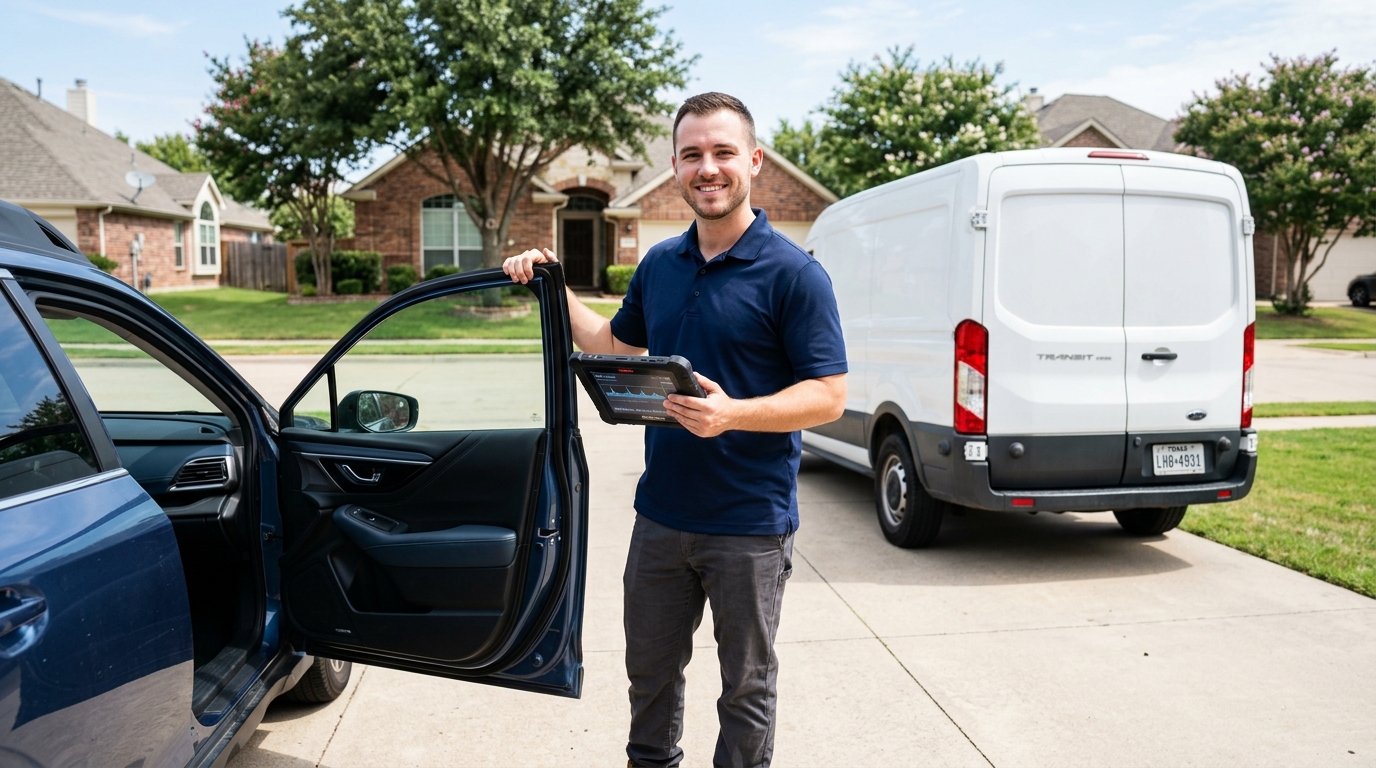 LockNCal mobile auto locksmith and airbag technician in a Dallas–Fort Worth driveway