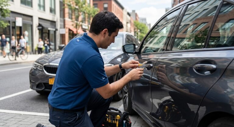 Plano lockout car service technician unlocking a modern sedan using non-destructive tools