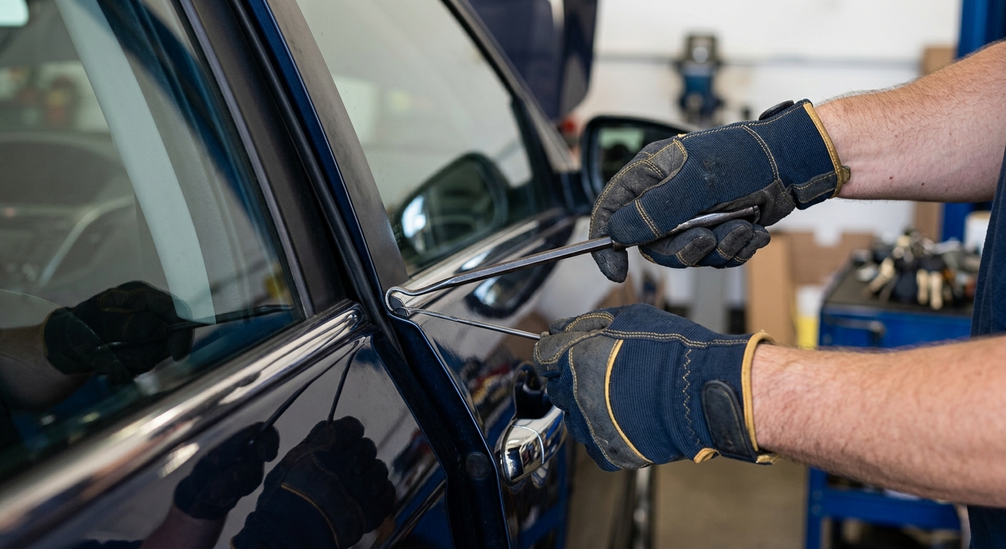 Locksmith using a long-reach tool to unlock a car door
