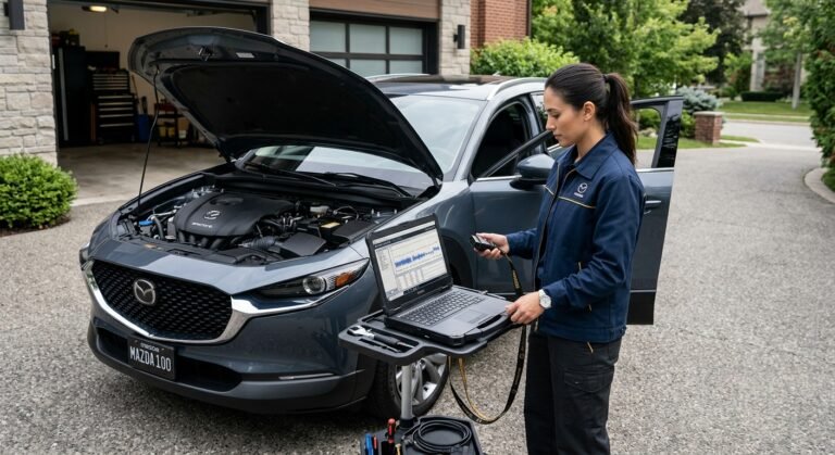 Technician diagnosing a Mazda immobilizer/key issue with diagnostic tool in driveway, Mazda B1213 key code topic.