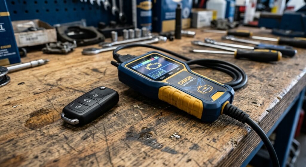 Close-up of a Mazda key and an OBD2 diagnostic tool used for immobilizer key programming.