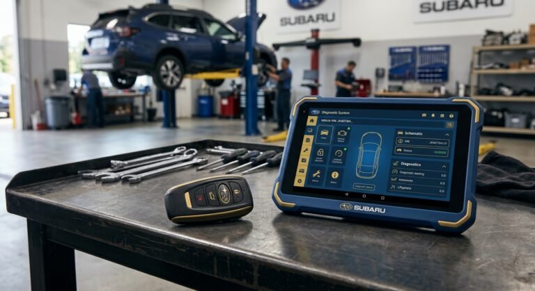 Subaru immobilizer key and diagnostic tablet showing immobilizer code P0513