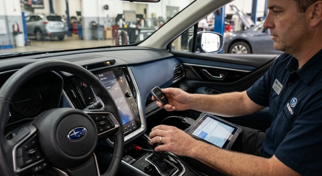 Technician testing Subaru push-start key and OBD-II scanner
