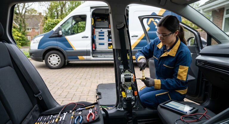 Technician inspecting a seat belt pretensioner during repair service.