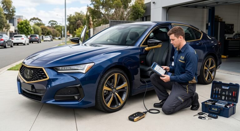 Mobile technician programming a car key fob next to a modern vehicle in Fort Worth.