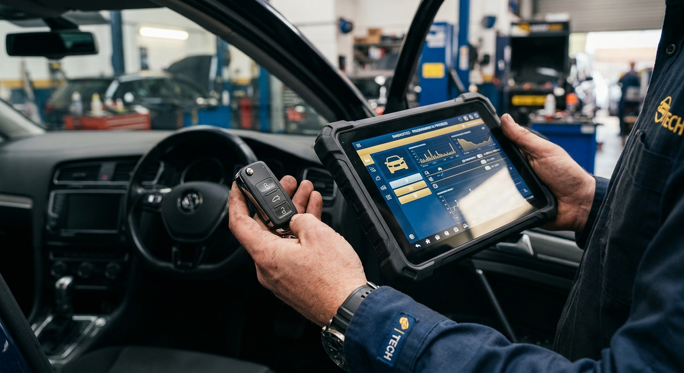 Technician holding a car key fob and diagnostic tablet during programming.