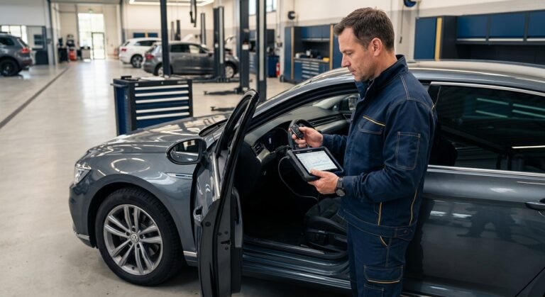 Technician programming a car key fob with a diagnostic tool next to a car