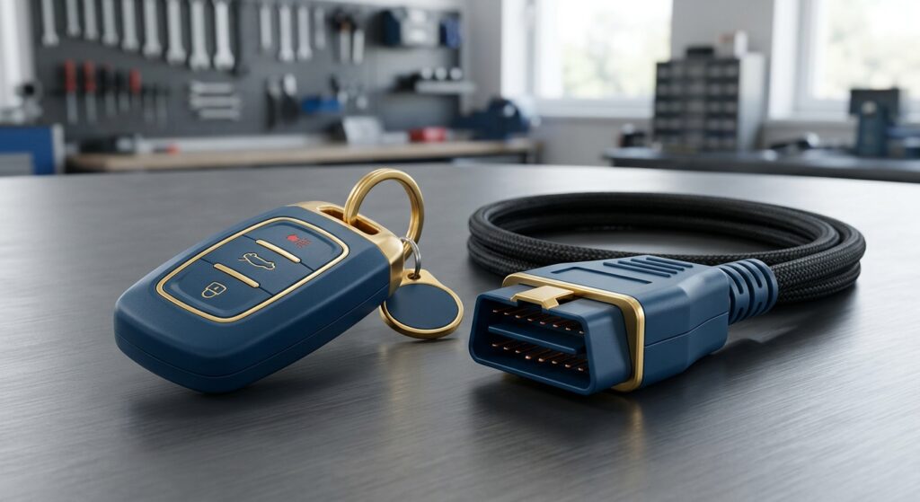 Close-up of car key fob and OBD-II diagnostic cable