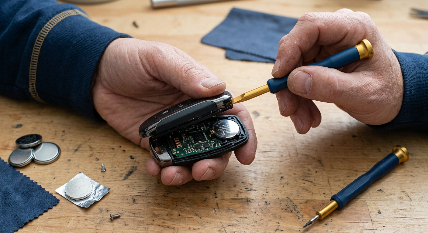Hands opening a push-to-start key fob to replace the battery