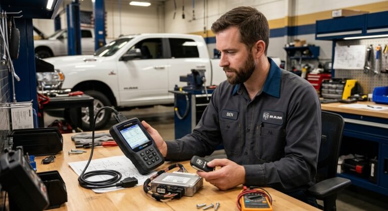 Technician diagnosing Ram P1610 immobilizer code with scan tool and key fob