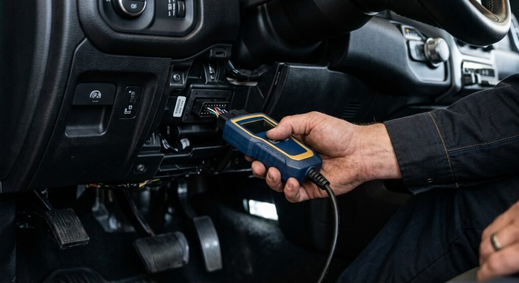 Close-up of OBD-II scan tool plugged into Ram truck diagnosing P1610
