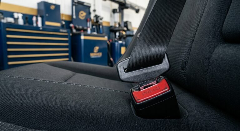 Close-up of a car seat belt buckle in a vehicle interior being inspected for repair.
