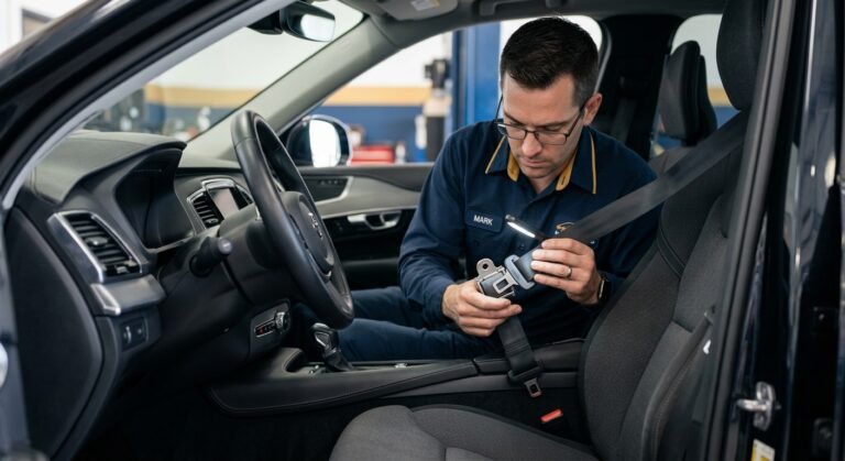 Technician inspecting a car seat belt buckle in a clean vehicle interior.
