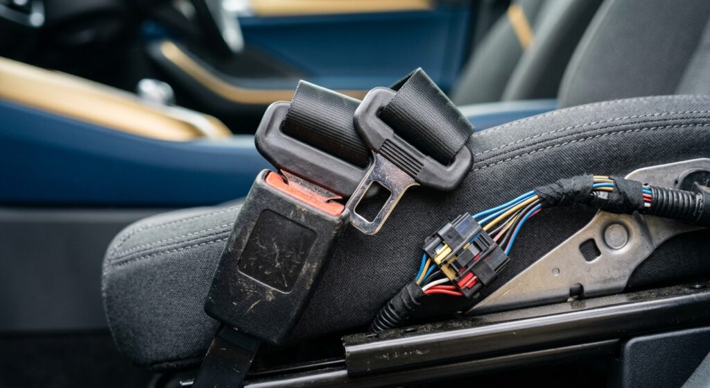 Close-up of a seat belt buckle and wiring connector showing inspection detail.