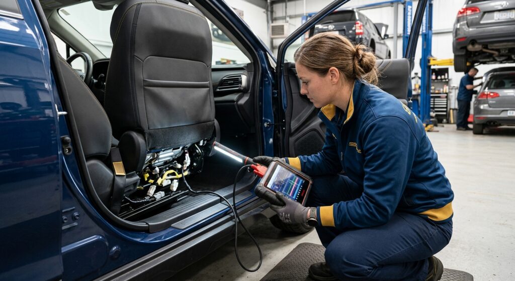 Technician inspecting seat belt wiring under a car seat with diagnostic scanner