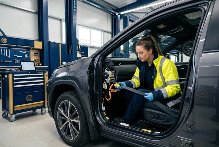 Technician inspecting a seat belt pretensioner and SRS wiring in a car interior — seat belt pretensioner topic.