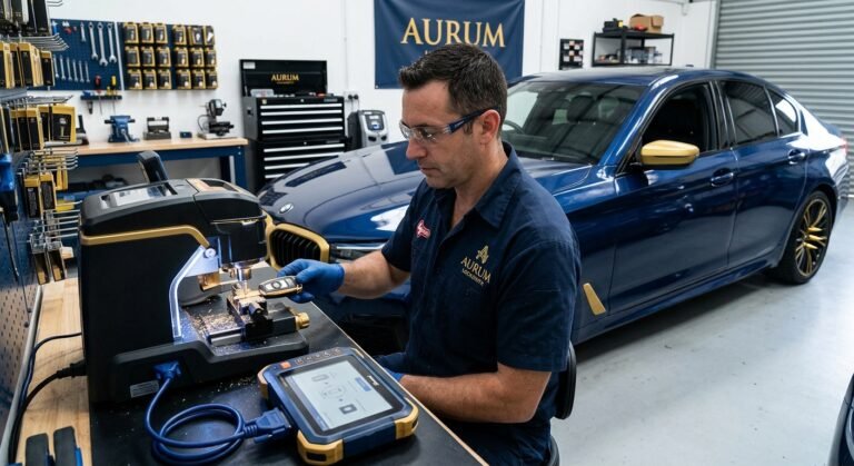 Locksmith programming a spare car key fob beside a modern vehicle in Irving