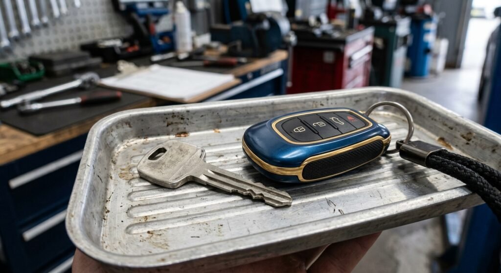 Cut car key blade next to a smart key fob on a technician’s tray