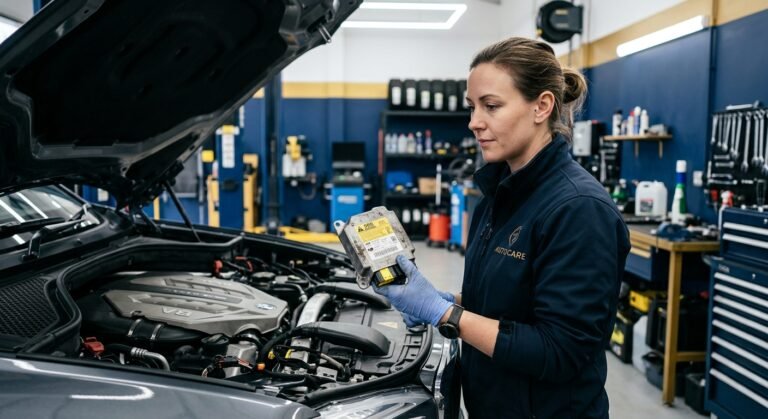 Technician holding an SRS airbag control module next to a car during diagnostic service.