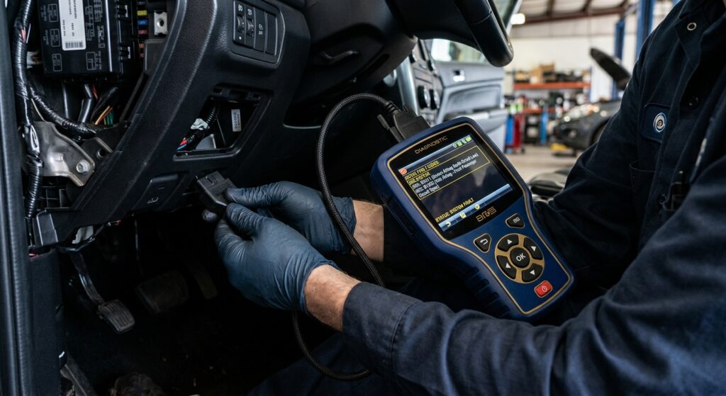 Diagnostic scan tool connected to OBD-II port showing SRS airbag codes.