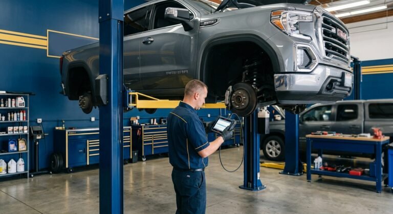 Technician scanning a GMC truck for U1000 CAN bus code in a workshop