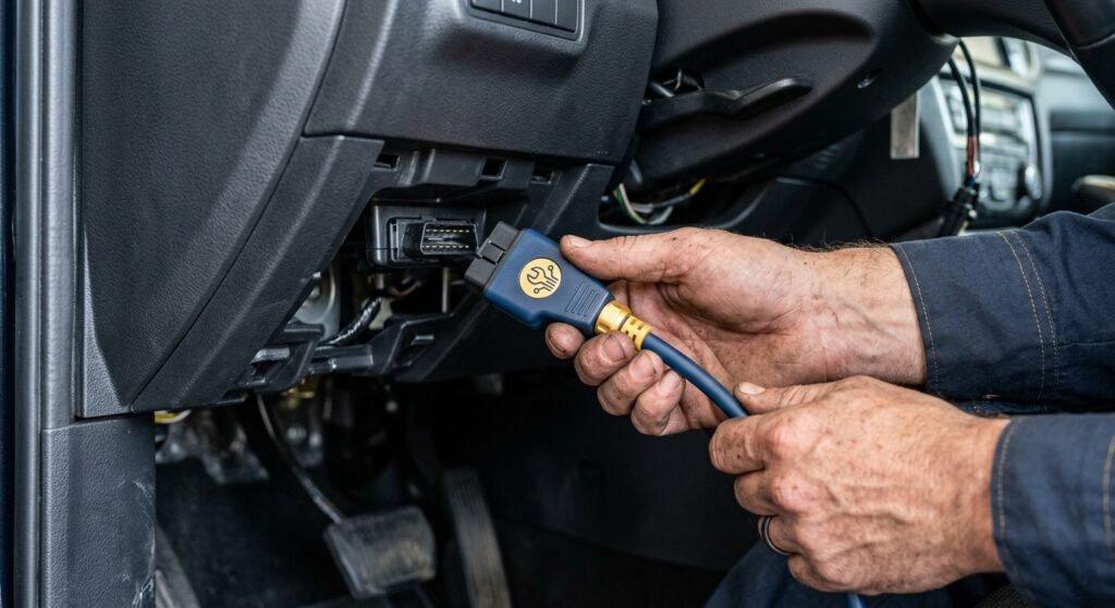 Close-up of OBD-II diagnostic tool connected to GMC dash for U1000 diagnosis