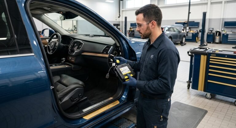Technician with an SRS airbag module inspecting a car interior, illustrating used airbag module risks.