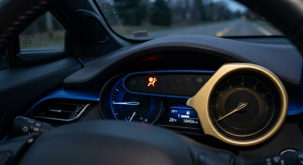 Dashboard airbag warning light illuminated indicating SRS system issue.
