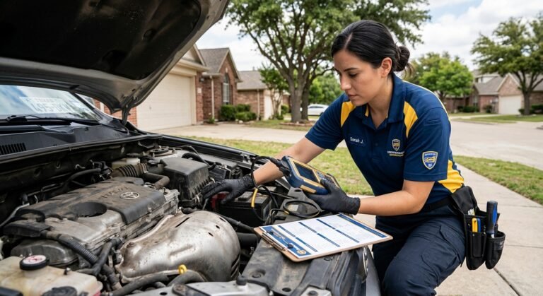 Technician performing a used car pre-purchase inspection on a vehicle in Irving, Texas.