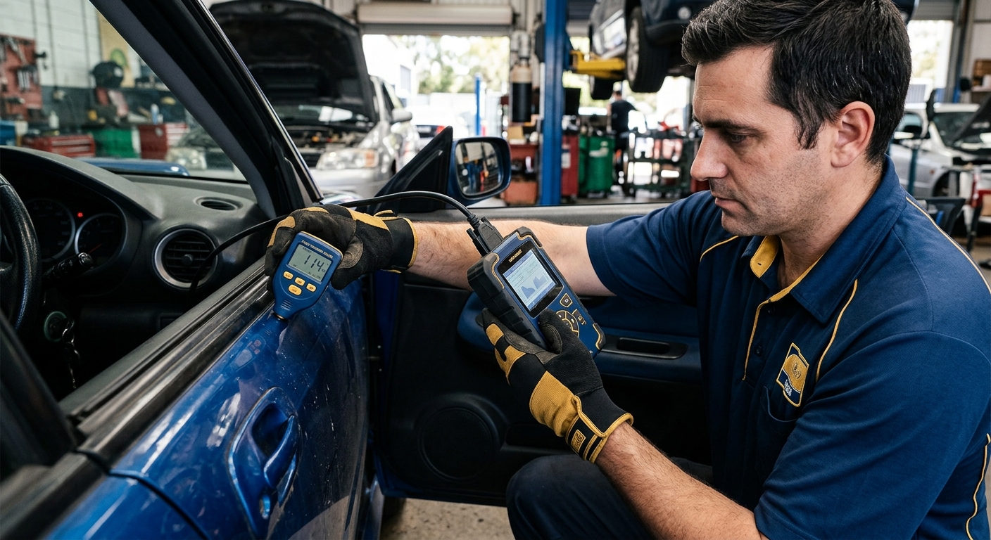 Mechanic using OBD-II scanner and paint thickness gauge during a pre-purchase inspection.