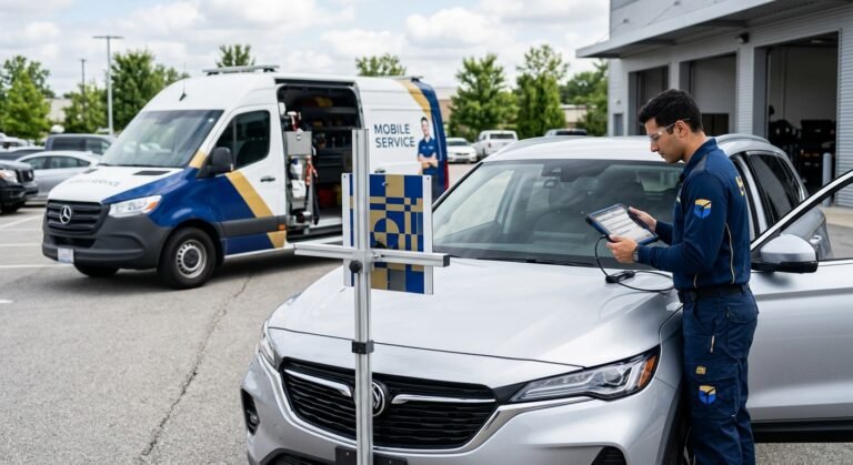 Technician performing windshield camera calibration on a modern car, mobile ADAS service