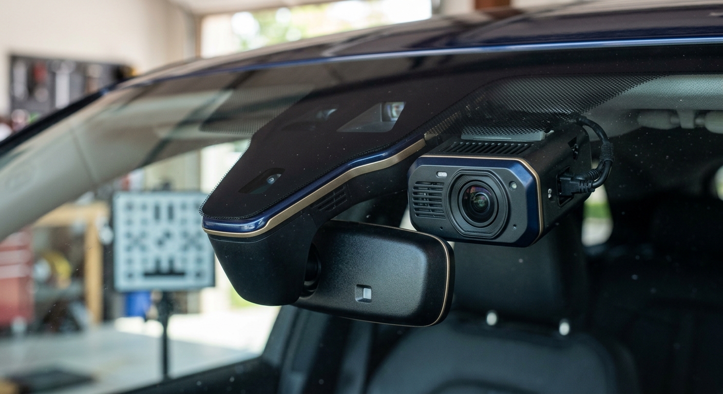 Close-up of windshield camera behind rearview mirror with calibration target in view
