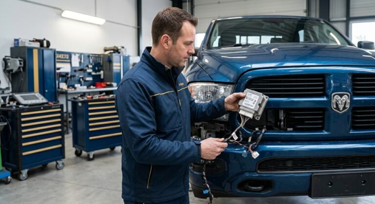 Technician holding an SRS airbag module next to a Ram truck, illustrating B0001 13 airbag code service.