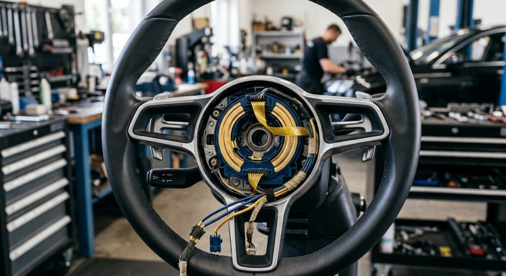Exposed steering wheel clock spring and wiring during SRS diagnosis on a pickup.