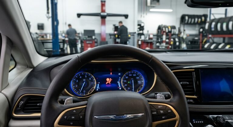 Chrysler dashboard with airbag warning light illuminated and technician diagnostic tools nearby