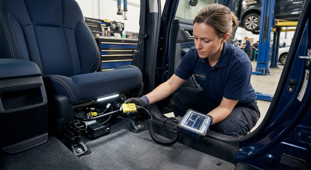 Technician using an SRS scan tool to diagnose passenger airbag circuit at the seat connector