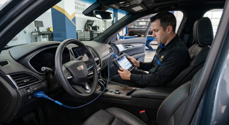 Technician Scanning A Cadillac For Occupant Classification Fault B0081 Near The Passenger Seat.