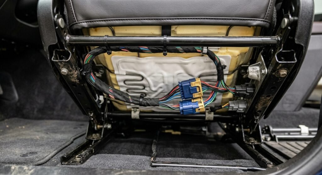 Under-seat view showing occupant sensor mat connectors and wiring on a Cadillac passenger seat.