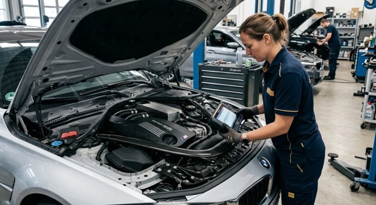 Technician scanning a BMW for U0100 lost communication with ECM/PCM code