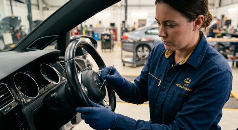 Close-up of locksmith using a broken key extraction tool on a car ignition
