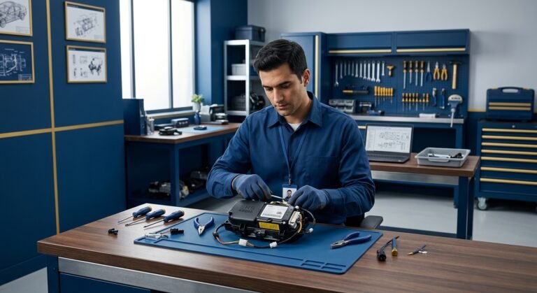 Technician inspecting an SRS airbag module on a workbench, Buick B0051 crash data reset context.