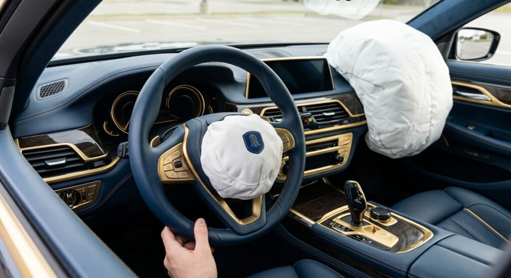 Vehicle interior with airbags and steering wheel, illustrating SRS system context.