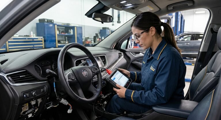 Technician scanning Buick steering angle sensor with professional scan tool