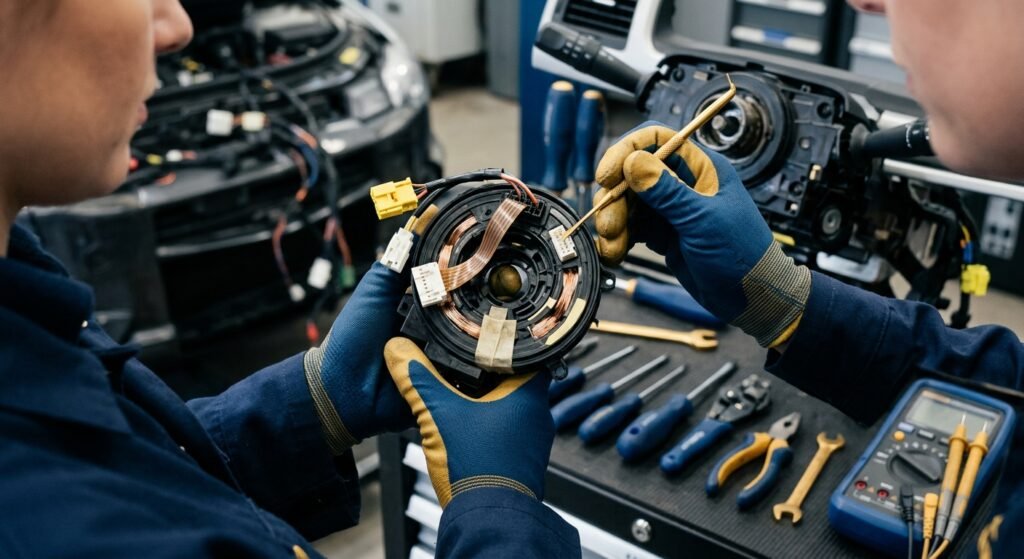 Close-up of steering column clock spring and connector inspection
