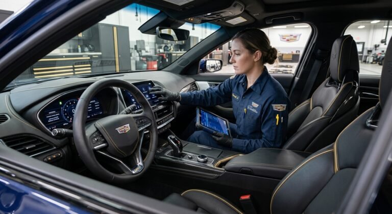 Technician inspecting Cadillac passenger seat and SRS wiring for occupant classification (B0081)