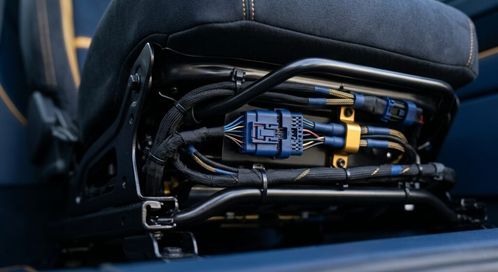 Close-up of passenger seat underside wiring and occupant sensor connector