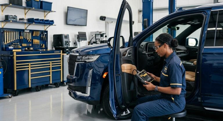 Technician scanning a Cadillac for U0416 code in a clean garage, OEM-level tool visible
