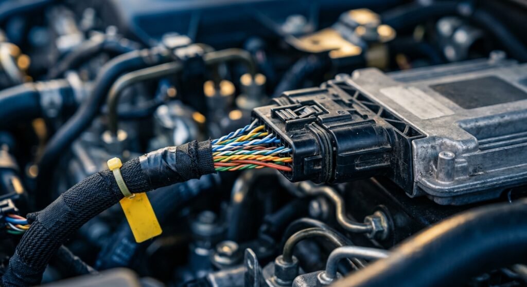 Close-up of a vehicle CAN-bus harness and module connector being inspected