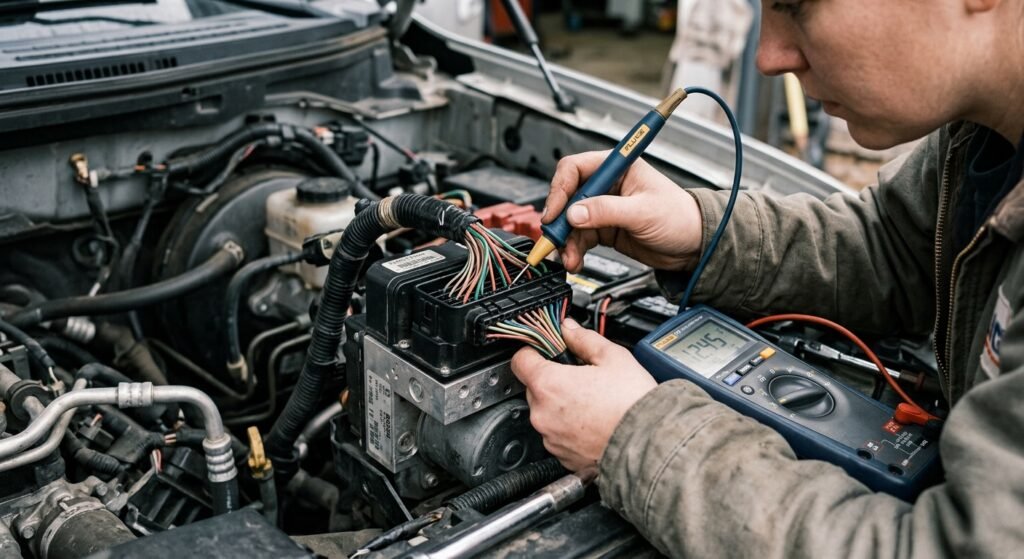 Technician backprobing ABS module connector during diagnostics
